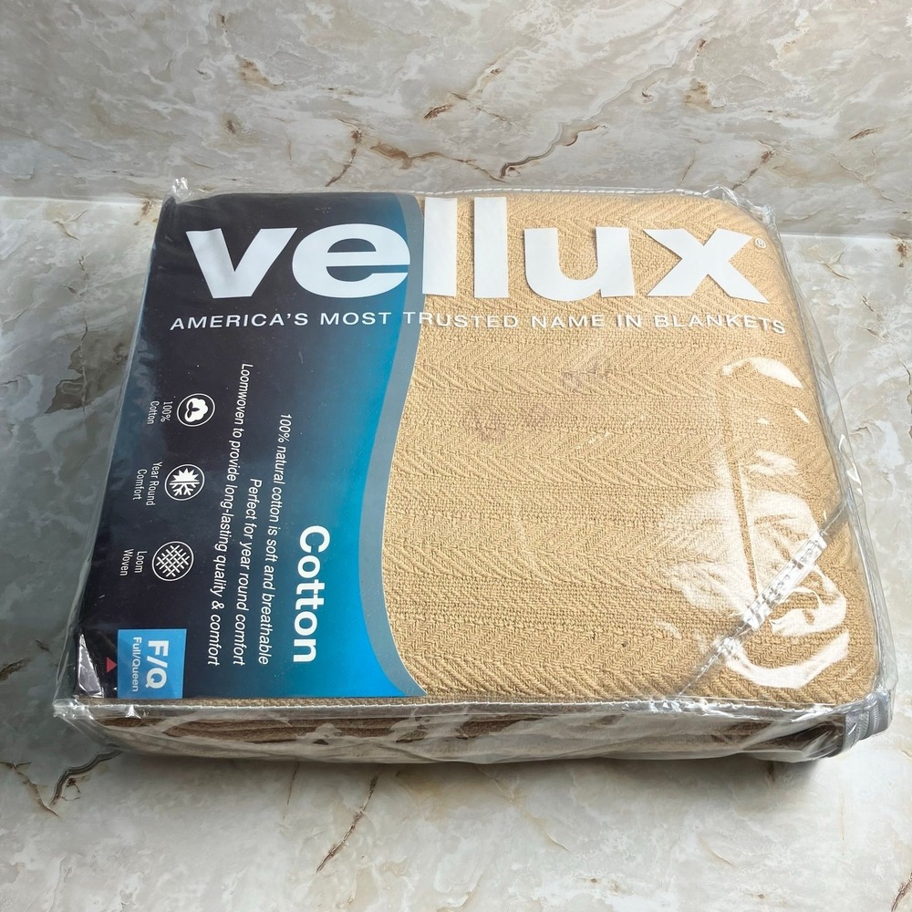 Vellux 100% Cotton Year Round Blanket Loom woven Full/Queen 90"x90" Tan‎ NEW